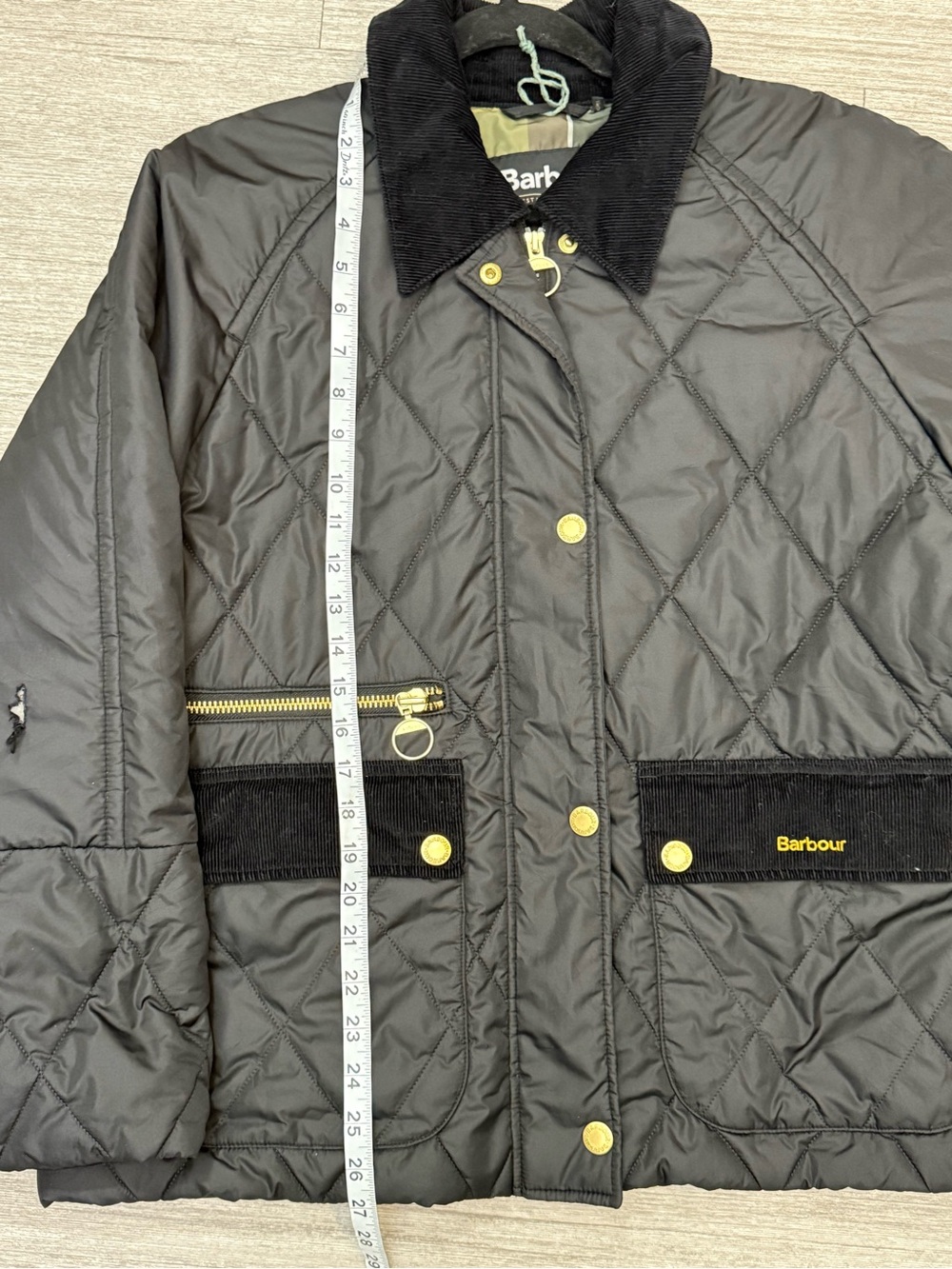 Barbour Quilted Jacket Black Gold Snap Corduroy Collar Tartan Lined Coat - Picture 5 of 9